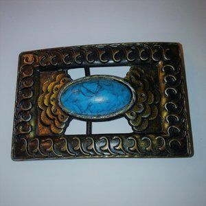 Vintage Belt Buckle with Turquoise Colored Center Stone Patina 3" by 2"